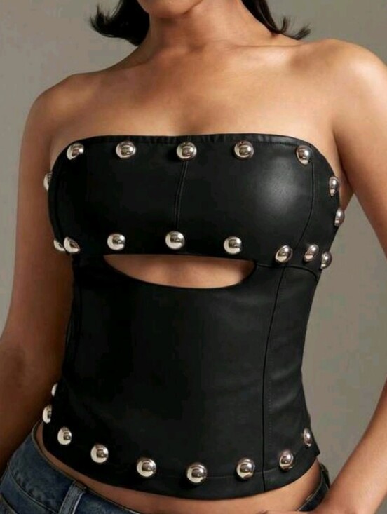 Tops - Strapless Black Faux Leather Studded Corset Top XL